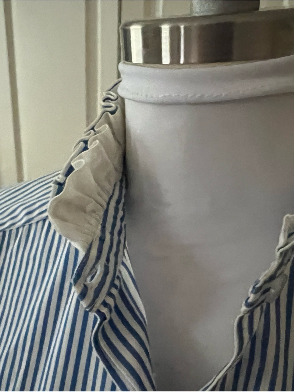 Blue & White Striped Ruffle Collar Men's Shirt